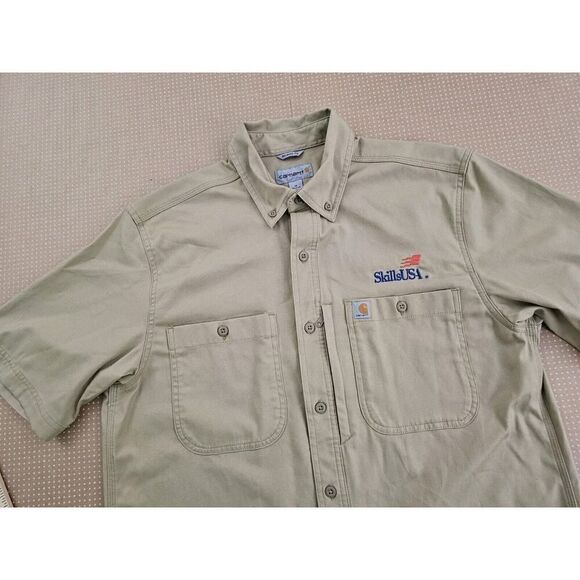 Men's Medium Carhartt Relaxed Fit 102537 Work Short Sleeve Shirt Button Up Tan - Picture 7 of 10